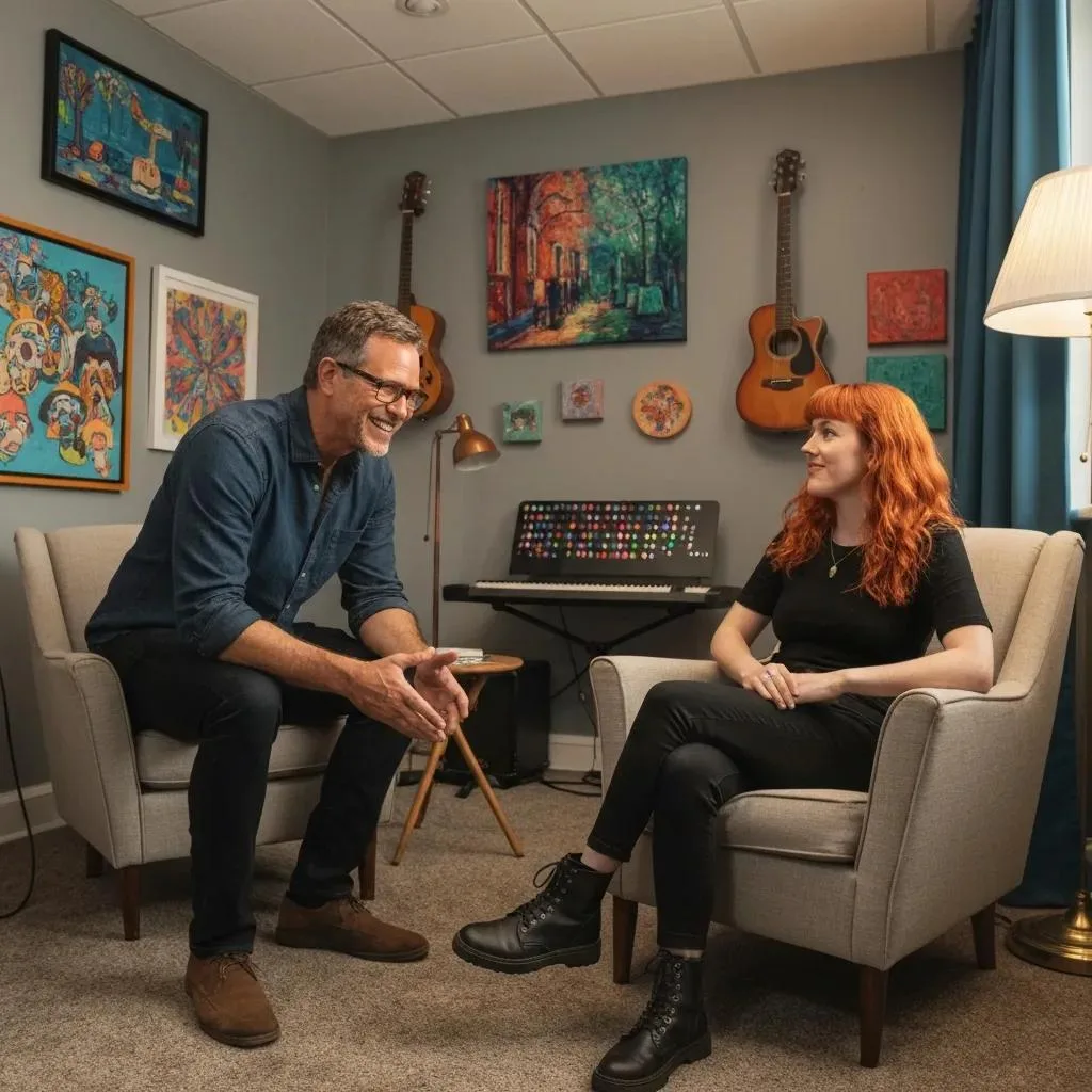 Entertainer Addiction Treatment In Las Vegas, Nv Therapy session in a comfortable private room for entertainers, featuring a smiling male therapist and a female client, surrounded by colorful artwork and musical instruments, emphasizing support and creative expression in addiction treatment.