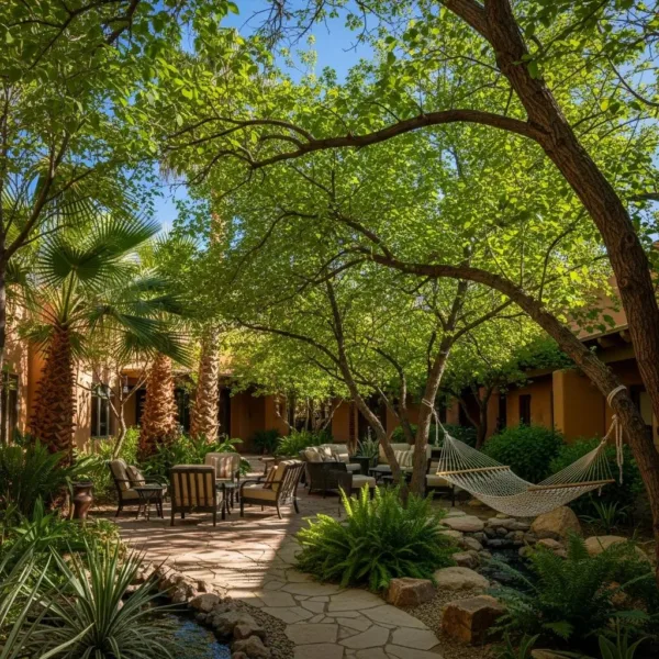 Blogs Tranquil outdoor recovery space at BetterChoice Treatment Center in Paradise, Nevada, featuring lush greenery, comfortable seating, and a hammock, emphasizing serenity and relaxation for addiction treatment.