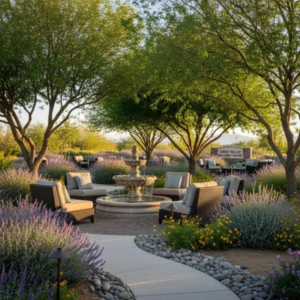 Blogs Tranquil outdoor recovery space at Green Valley Treatment Center, featuring a fountain, seating areas, and lush lavender landscaping, symbolizing hope and healing in addiction treatment.