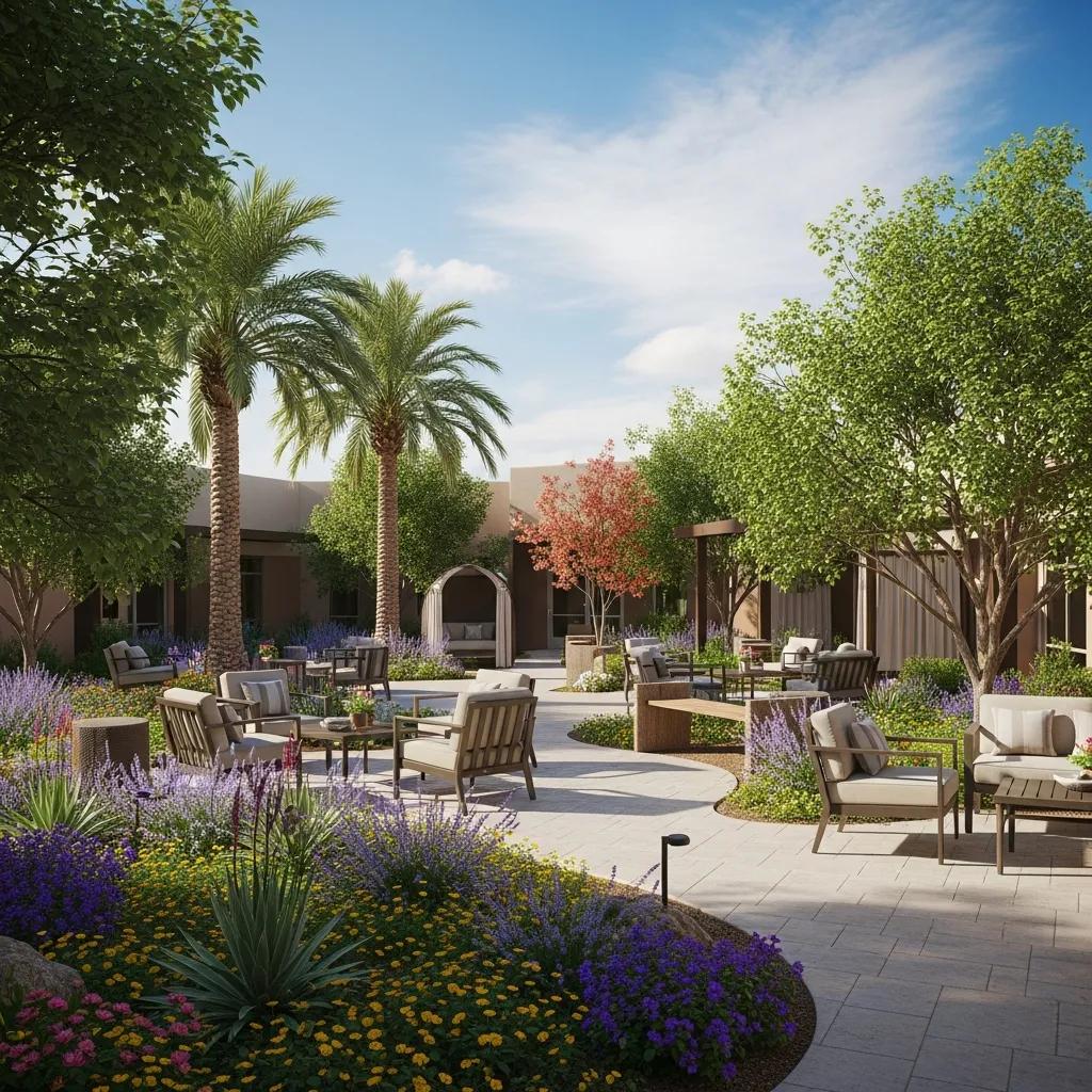 Lush outdoor recovery garden at BetterChoice Treatment Center in Las Vegas, featuring inviting seating, vibrant flowers, and palm trees, symbolizing hope in addiction recovery.