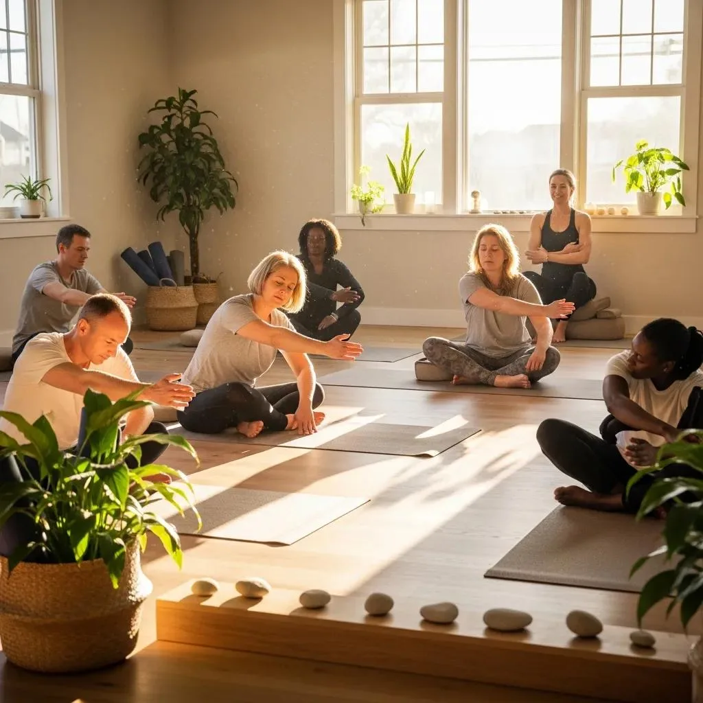 Small Group Practicing Yoga As Part Of Holistic Supports In Integrated Rehab