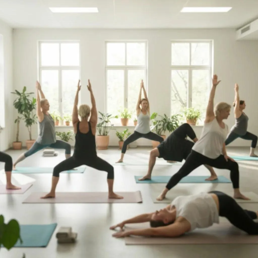 Discover Effective Addiction Therapy Options In Las Vegas Group yoga class promoting holistic therapies for addiction recovery, featuring participants in various poses in a bright, plant-filled studio.