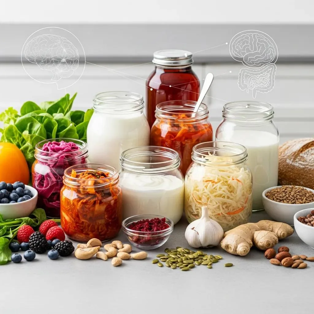 Healthy Eating For Addiction Recovery &Amp; Brain Health Variety of fermented foods including kimchi, yogurt, and sauerkraut, alongside fresh vegetables, fruits, nuts, and seeds, illustrating the gut-brain connection in addiction recovery.