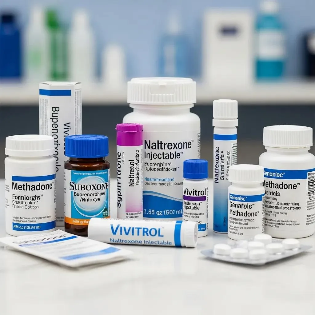 Assortment Of Medications Commonly Used During Opioid Detox Shown In A Clinical Layout