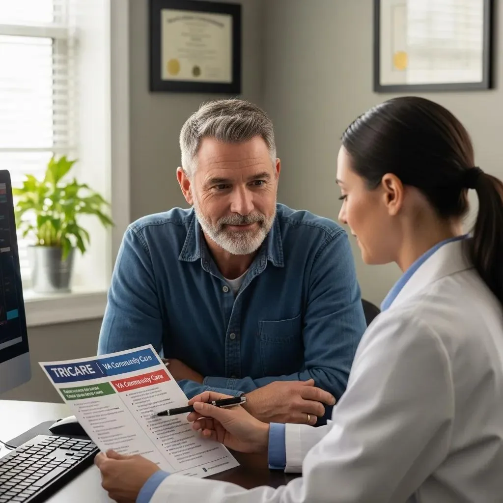 Veterans Addiction Treatment: Va Benefits Guide Veteran Consulting With A Provider About Tricare And Va Community Care Options