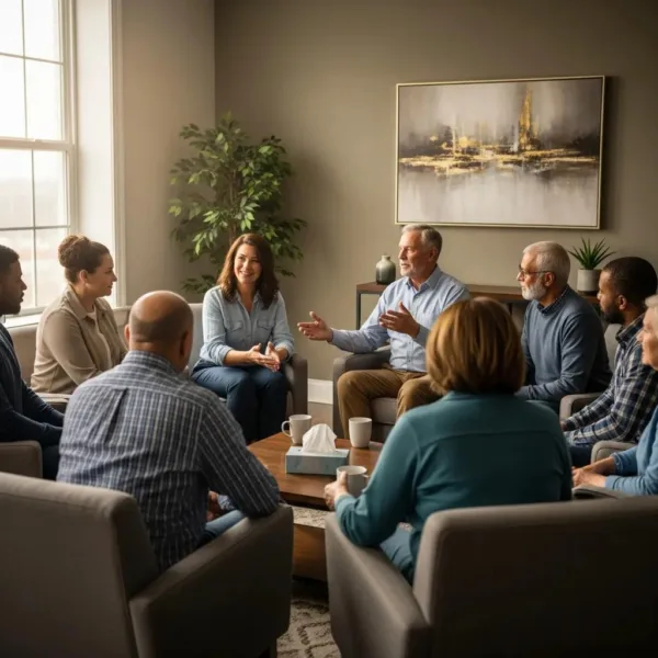 Blogs Veterans participating in a supportive therapy session focused on community and healing, emphasizing addiction recovery and PTSD care.