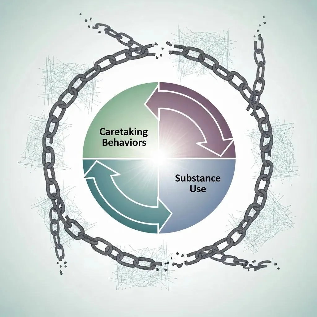Codependency &Amp; Addiction: Breaking Unhealthy Patterns Visual metaphor illustrating the cycle of codependency and addiction, featuring a circular diagram labeled "Caretaking Behaviors" and "Substance Use," connected by arrows, surrounded by broken chains symbolizing the impact of enabling behaviors on recovery.