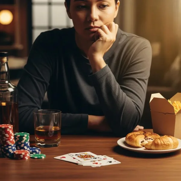 Blogs Woman contemplating at a table with poker chips, cards, a glass of whiskey, and comfort food, illustrating themes of cross-addiction and behavioral struggles related to gambling and substance use.