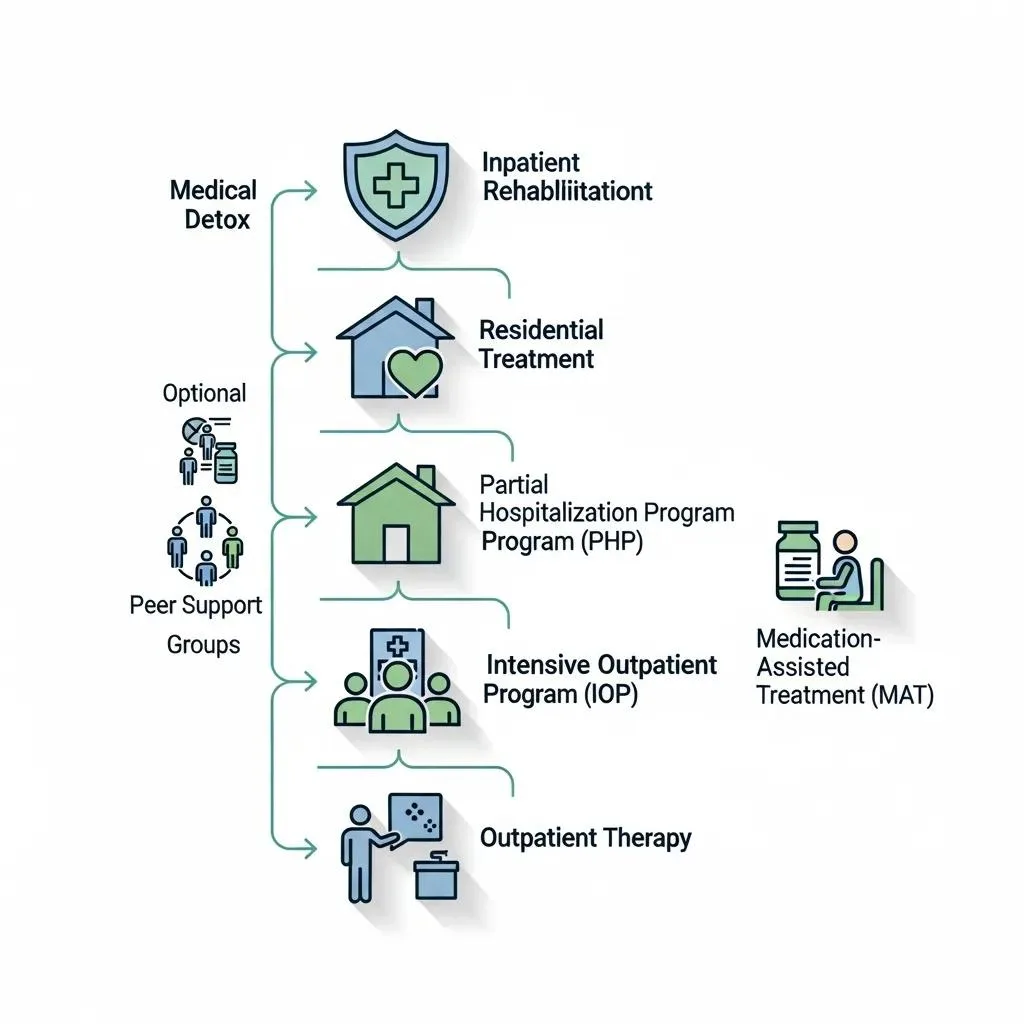 Visual Representation Of The Continuum Of Addiction Care, Illustrating The Progression From Detox To Outpatient Therapy