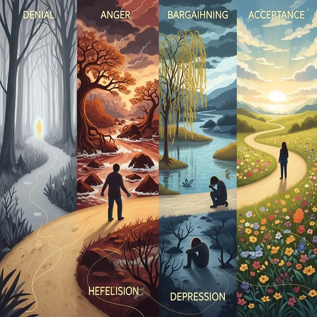 Grief &Amp; Loss In Recovery: Healthy Coping Strategies Visual representation of the five stages of grief: denial, anger, bargaining, depression, and acceptance, illustrated through diverse landscapes and figures, symbolizing emotional transitions in recovery from grief and addiction.