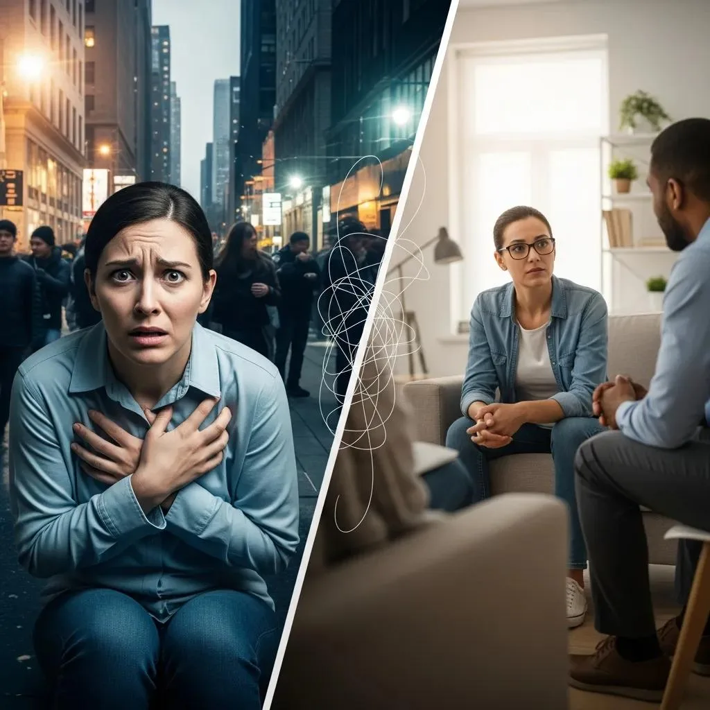 Treating Anxiety &Amp; Addiction In Las Vegas Woman experiencing anxiety in a crowded urban setting and engaging in therapy session, symbolizing the interaction between anxiety and addiction in recovery.