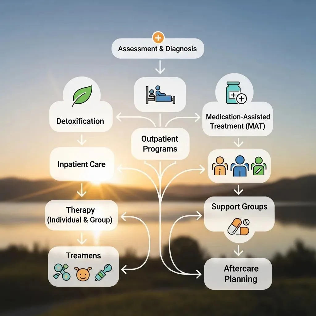 Addiction Terminology: A Quick Reference Guide Visual representation of addiction treatment pathways, including detoxification, inpatient care, outpatient programs, medication-assisted treatment (MAT), therapy options, support groups, and aftercare planning, illustrating a comprehensive approach to recovery from Substance Use Disorder (SUD).