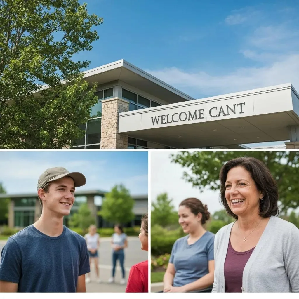 Importance Of Accreditation For Addiction Treatment Centers Welcome sign at addiction treatment center entrance with smiling individuals engaging in conversation, symbolizing accredited care and support.