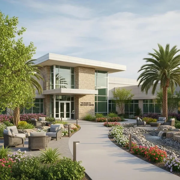 Blogs Welcoming entrance of a modern addiction treatment center in North Las Vegas, featuring lush landscaping, palm trees, and a pathway leading to the facility, emphasizing recovery and hope.