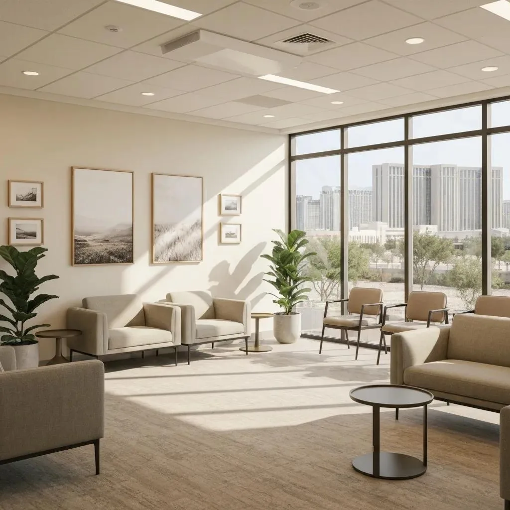 Welcoming medical detox facility in Las Vegas featuring comfortable seating, calming decor, and large windows with a view of the city.