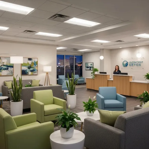 Blogs Comfortable outpatient detox facility in Las Vegas featuring modern seating, calming decor, and welcoming reception area with staff, emphasizing compassionate addiction treatment.
