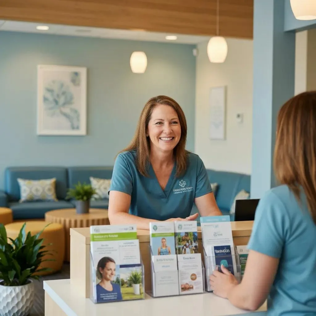Welcoming reception area at an addiction treatment center with a smiling staff member in scrubs assisting a client, featuring informational brochures and a comfortable seating area.
