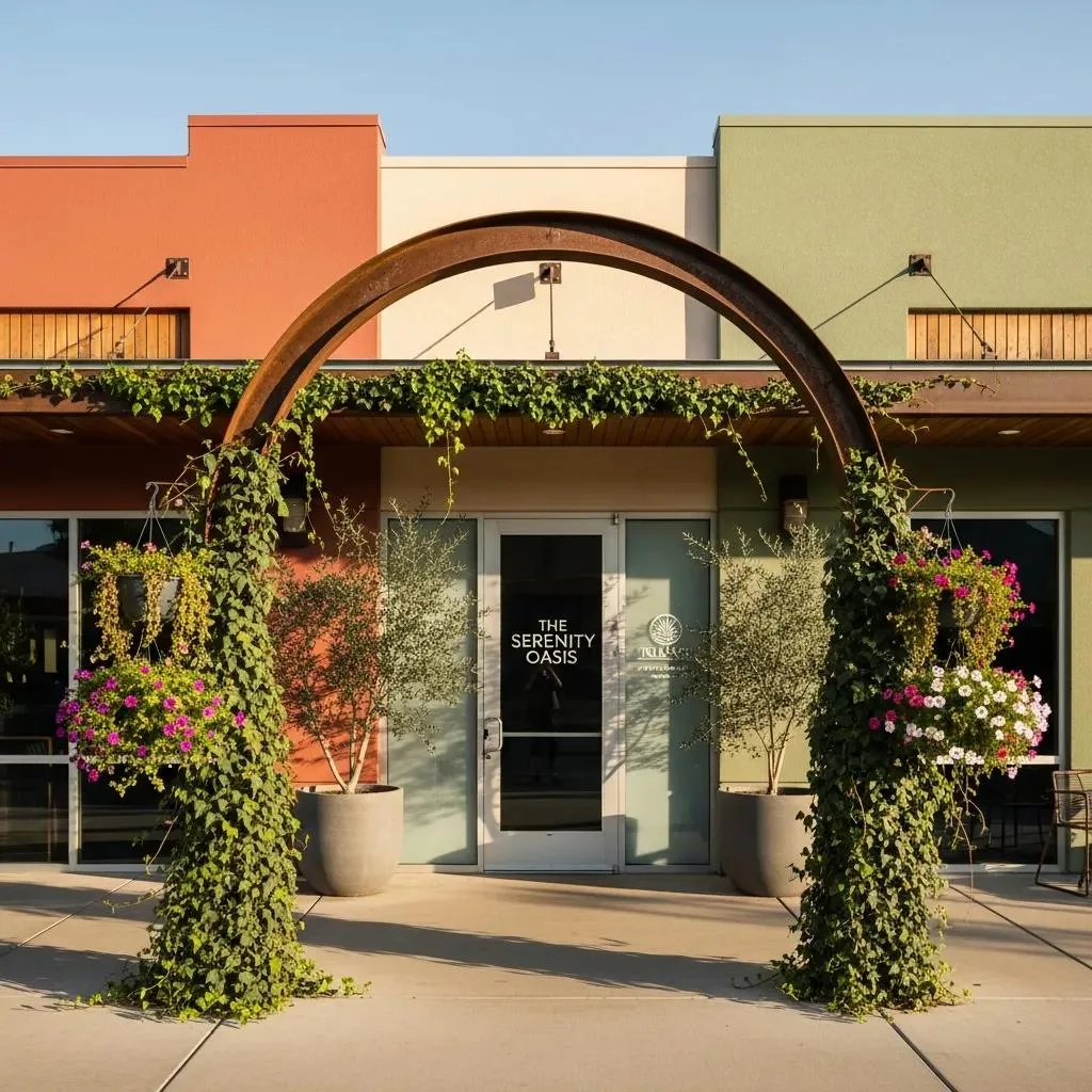 Entrance of The Serenity Oasis, a recovery center in the Arts District of Las Vegas, featuring a decorative arch covered in greenery and colorful flower pots, symbolizing hope and healing for individuals seeking heroin rehab services.