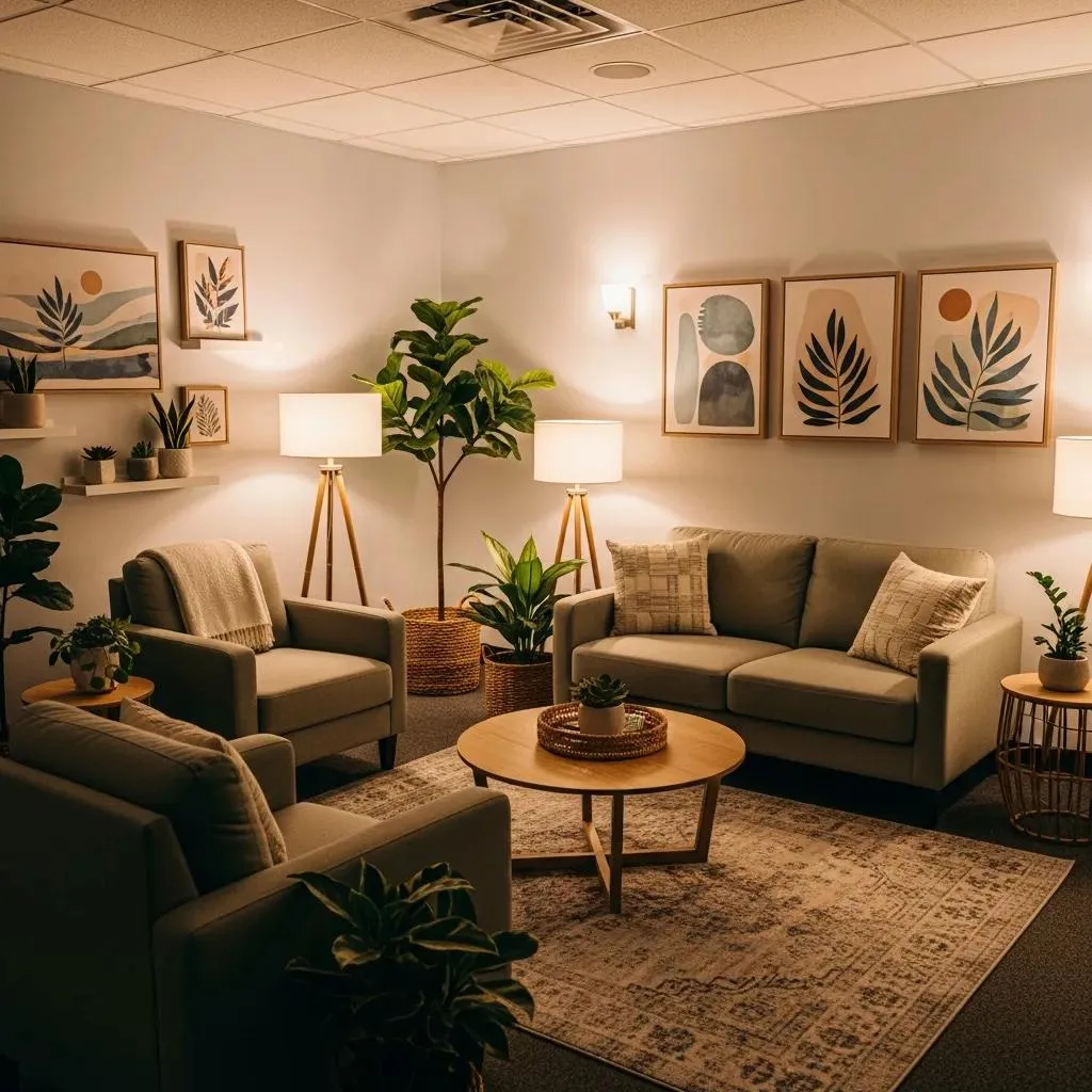 Dual Diagnosis: Integrated Treatment For Co-Occurring Disorders Welcoming therapy room with comfortable seating, plants, and calming artwork, representing integrated dual diagnosis treatment for mental health and addiction.