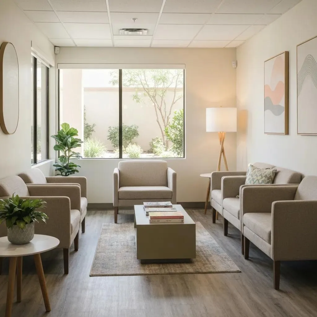 Welcoming treatment center interior with comfortable seating, natural light, and greenery, emphasizing a calming environment for Adderall detoxification and recovery in Las Vegas.