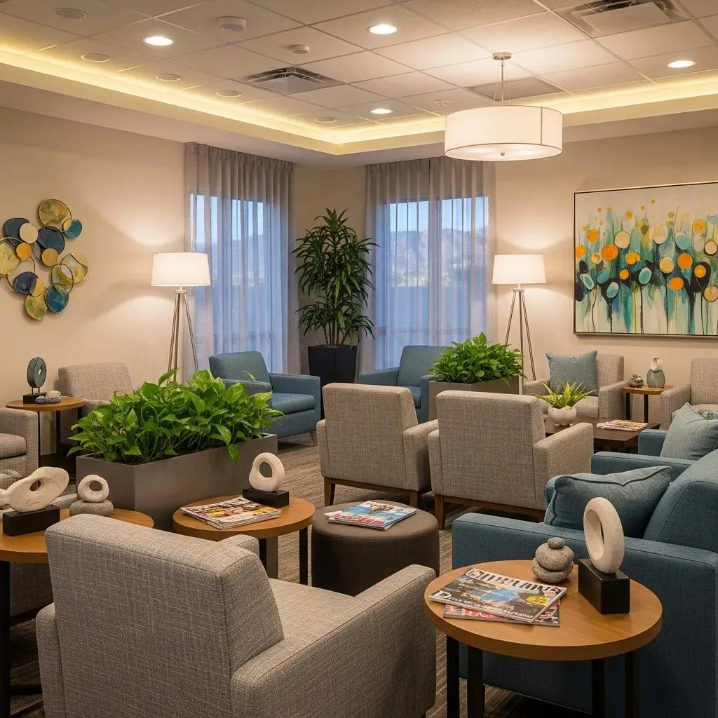 Treating Anxiety &Amp; Addiction In Las Vegas Welcoming treatment center environment in Las Vegas, featuring comfortable seating, plants, and artwork, designed for dual diagnosis care for anxiety and addiction recovery.