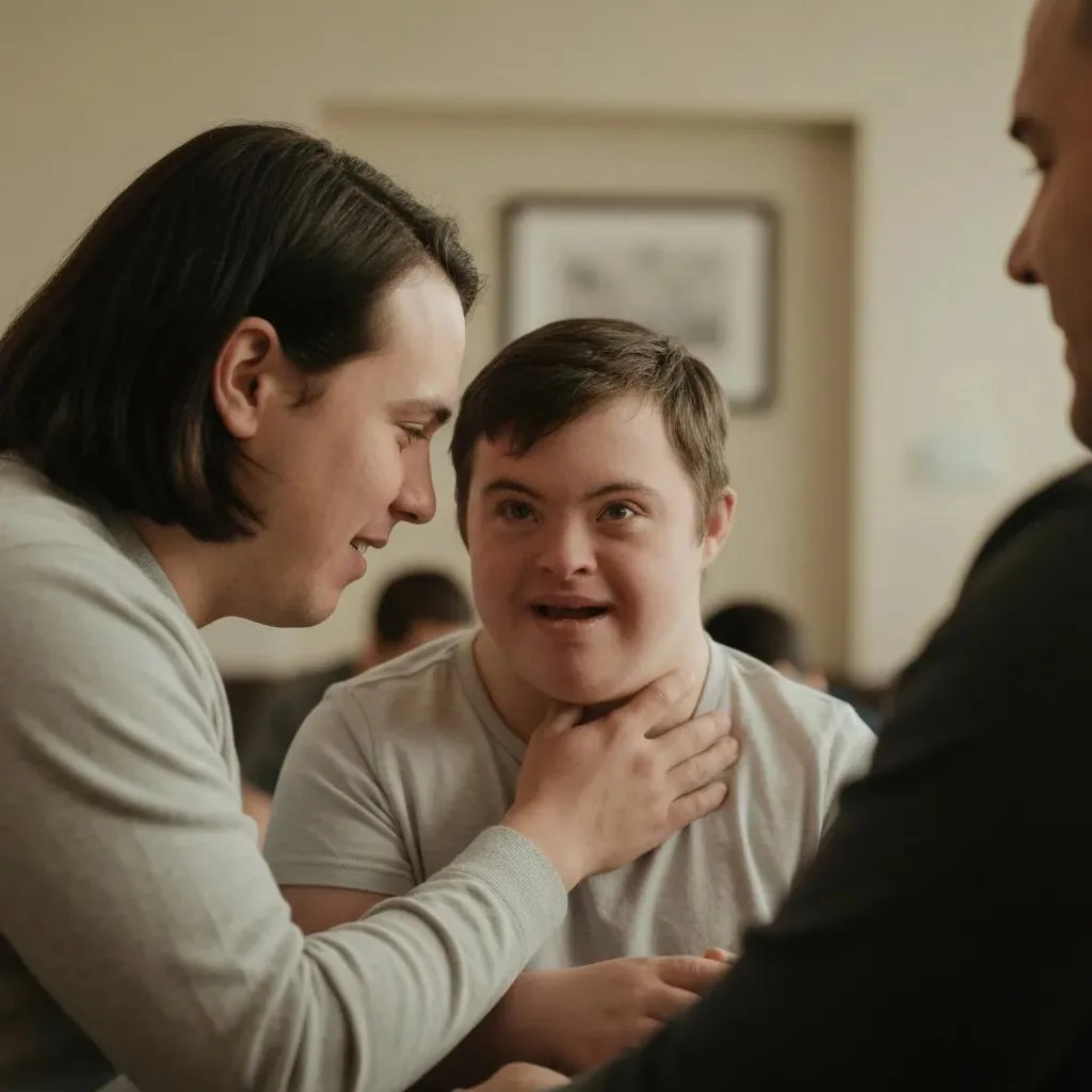 Two young men interacting in a supportive environment, one with Down syndrome, showcasing connection and encouragement, relevant to fostering community and recovery support.