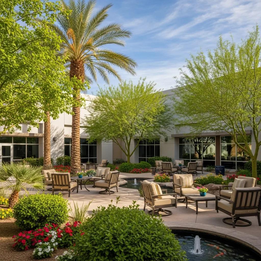 Welcoming outdoor treatment center in Las Vegas featuring landscaped gardens, seating areas, and a tranquil atmosphere symbolizing hope and recovery for addiction rehabilitation.