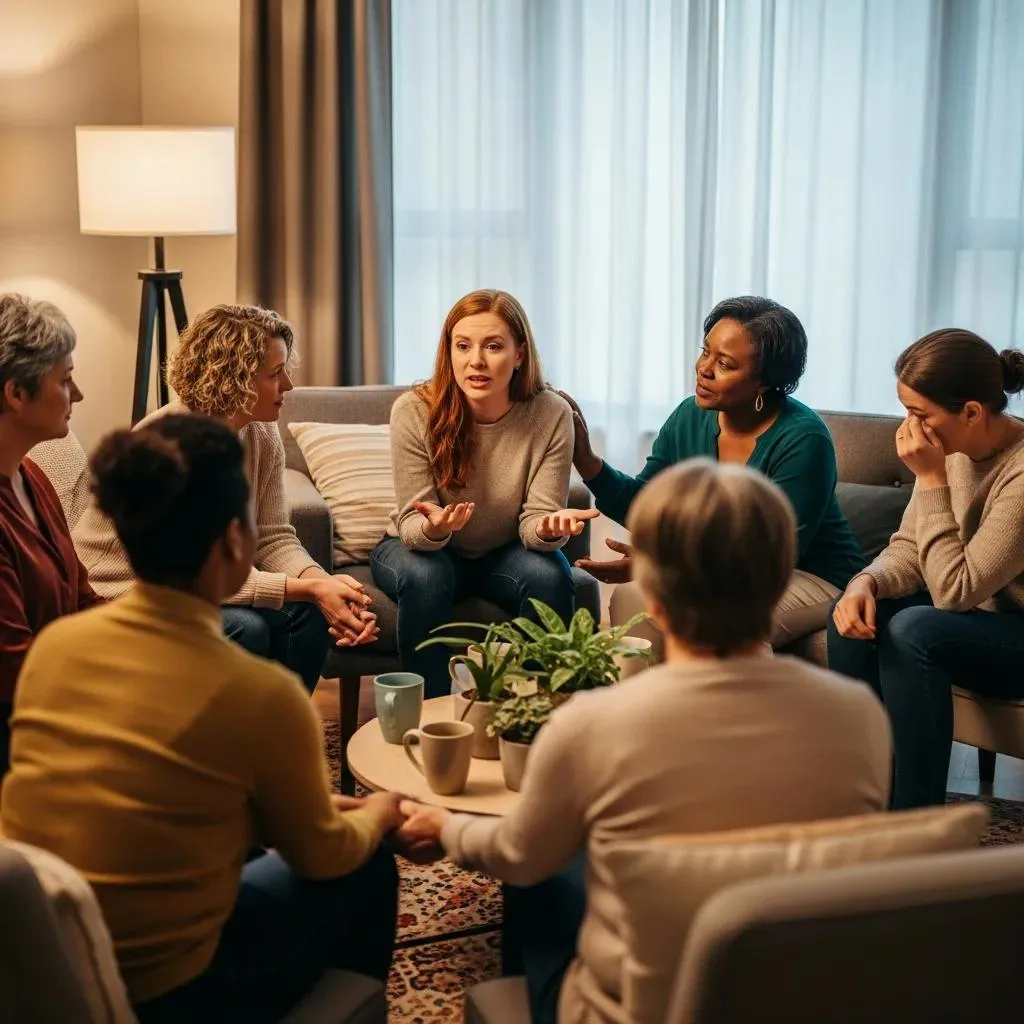 Women'S Only Rehab Programs Las Vegas Women participating in a supportive group therapy session for gender-specific addiction treatment, fostering emotional safety and shared understanding.