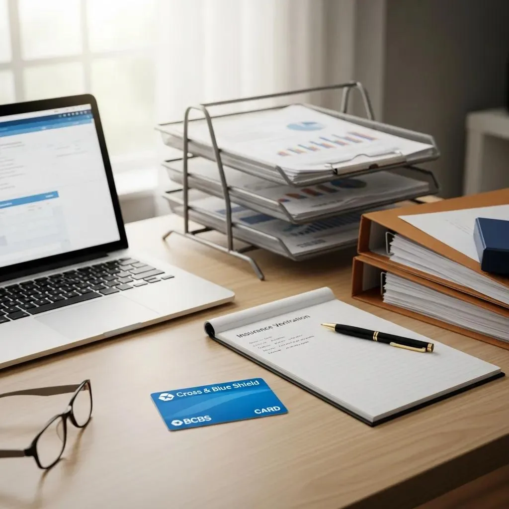 Desk With Documents Used To Verify Bcbs Insurance — Preparing For Benefits Confirmation