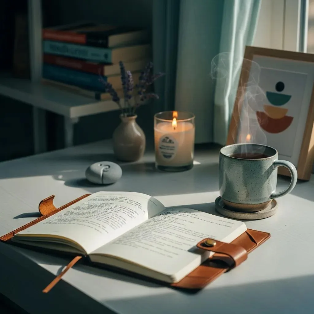 Workspace With Journal And Tea Representing Self-Compassion Practices In Recovery