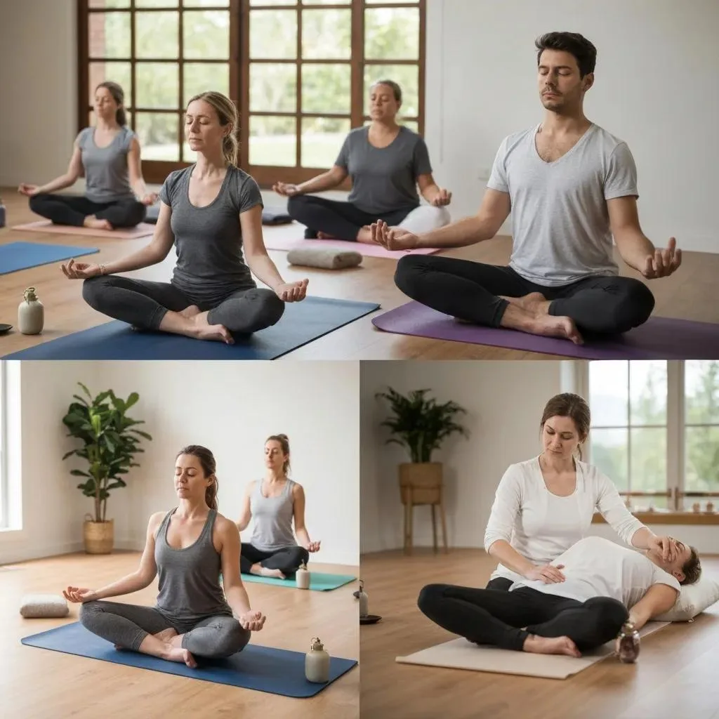 Addiction Treatment Center Serving Summerlin, Las Vegas Group practicing yoga and mindfulness in a tranquil setting, highlighting holistic healing and recovery, with individuals seated in meditation and one receiving acupuncture.