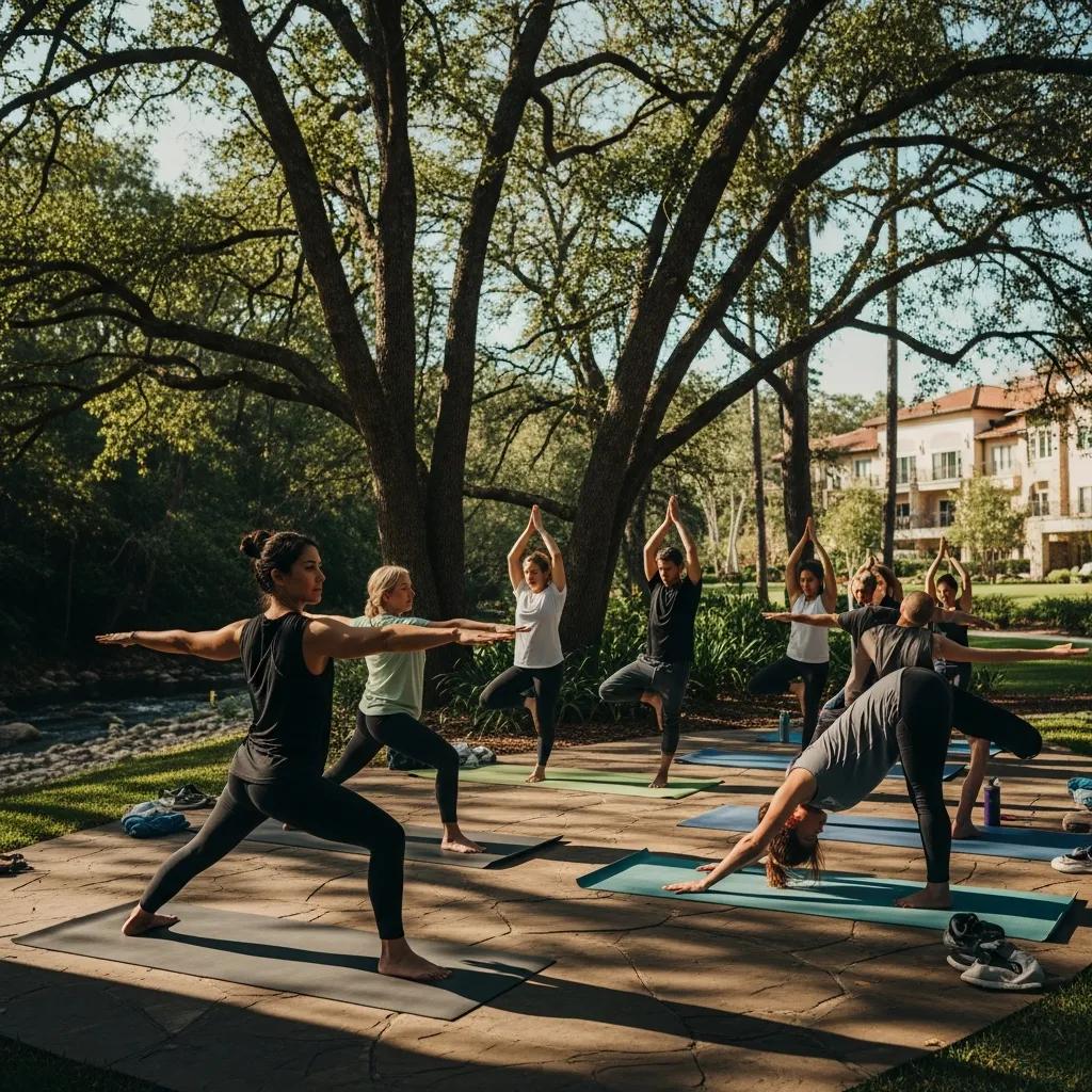 Luxury Rehab Centers In Las Vegas, Nevada Group yoga class in a serene outdoor setting, emphasizing holistic therapies for recovery at a luxury rehab center.