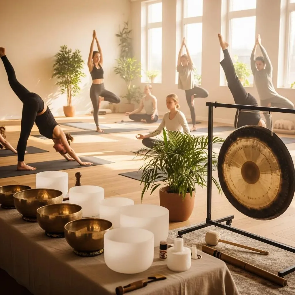 Meditation In Recovery: Reducing Stress &Amp; Cravings Yoga class with participants practicing poses, sound bath instruments including crystal bowls and a gong, promoting mindfulness and stress relief in a serene studio environment.