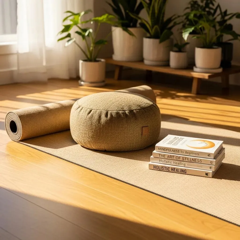 Yoga mat and meditation cushion in a serene space with wellness books promoting holistic recovery, emphasizing mindfulness and emotional regulation.