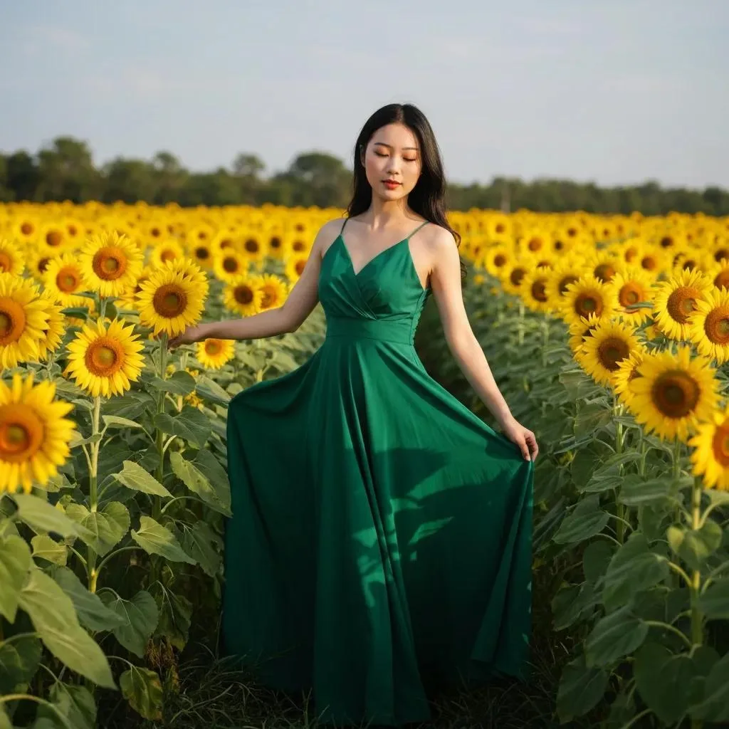 Addiction Treatment &Amp; Prevention For College Students Young woman in a green dress standing gracefully among tall sunflowers in a vibrant field, symbolizing growth and positivity.